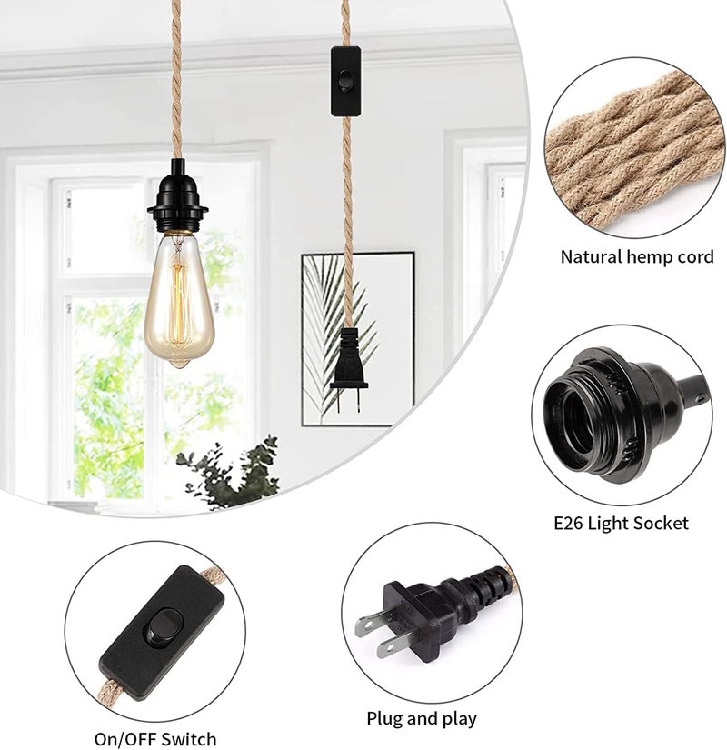 CAFULAM Industrial Hanging Light with Plug in Cord - Hemp Rope On/Off Switch, Farmhouse Pendant Light for Dining Room - Image 2